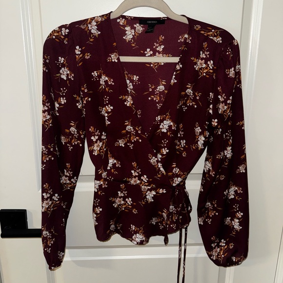 Forever 21 Tops - Forever 21 Burgundy Floral Wrap Blouse